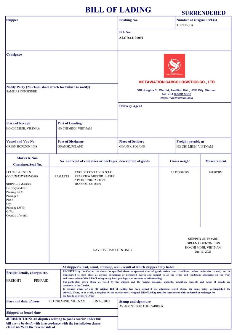 Bill of Lading (B/L)